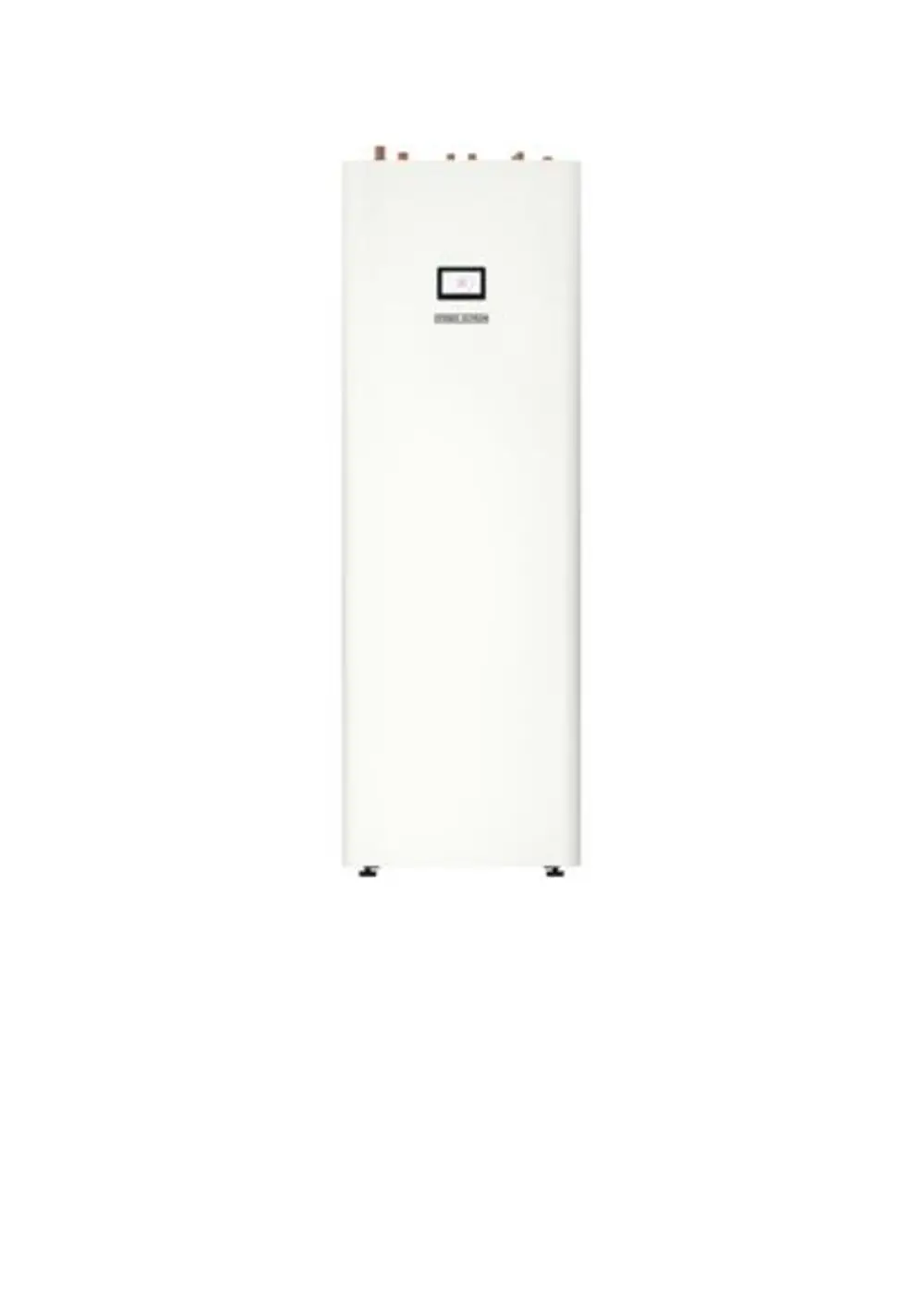 Vertikale Wärmepumpe in Weiß von Stiebel Eltron mit Display und Anschlüssen an der Oberseite. Minimalistisches Design ohne weitere Dekoration.